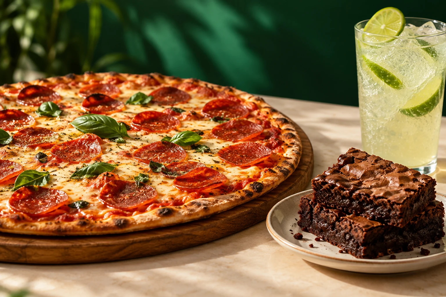 Pizza, doces e bebida em fotografia ilustrativa