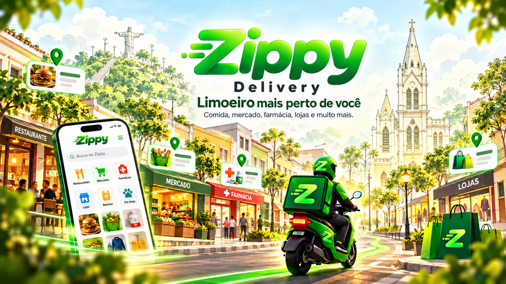 Arte da Zippy com a Igreja Matriz, o Cristo e o comércio de Limoeiro